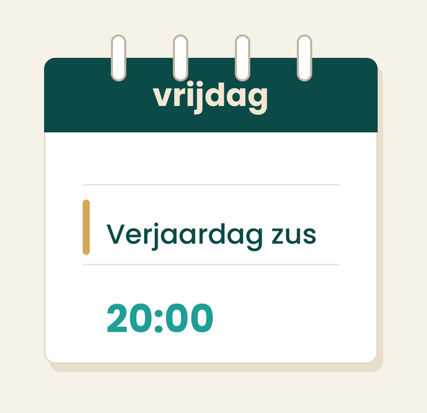 Kalenderblad met vrijdag, de verjaardag van haar zus om 20:00 uur